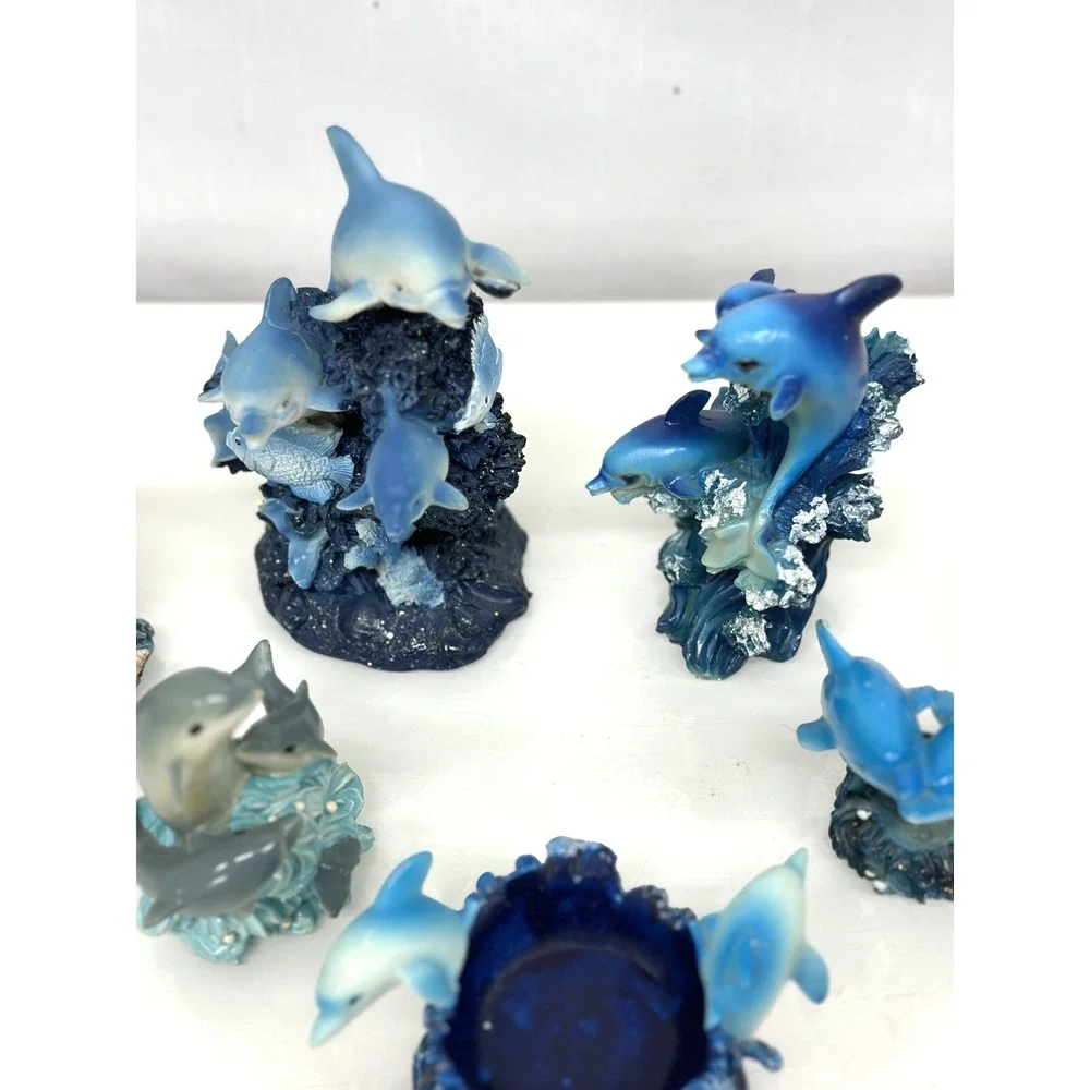 Marine Sea Ocean Set of 7 Blue Dolphins Swimming Over Giant Reef Waves Figurine